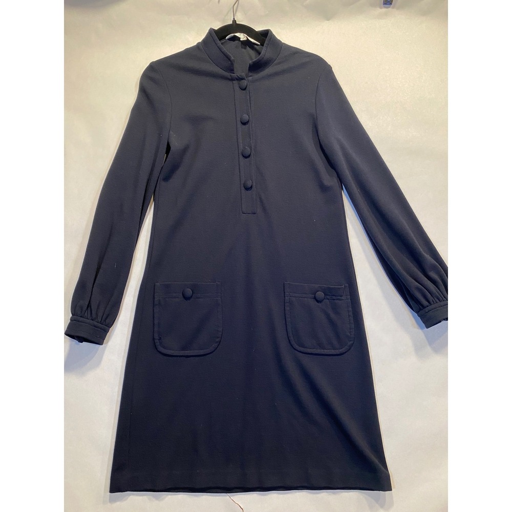 Navy Trina Turk Shift Dress Wool Blend Pockets Button Front 4 Womens